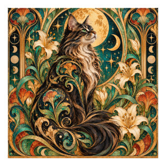 Foto Póster Art Nouveau de Gato Místico y Luna