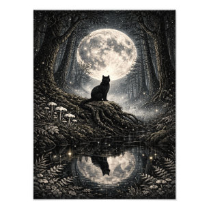 Foto Póster de Gato Negro Místico Bajo el Bosque de Lun