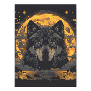Foto Póster de lobo luna llena estrellas