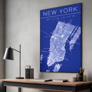 Foto Póster de mapa de Nueva York en coordenadas de pla