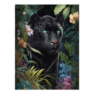 Foto Poster de pantera negra en la selva con flores