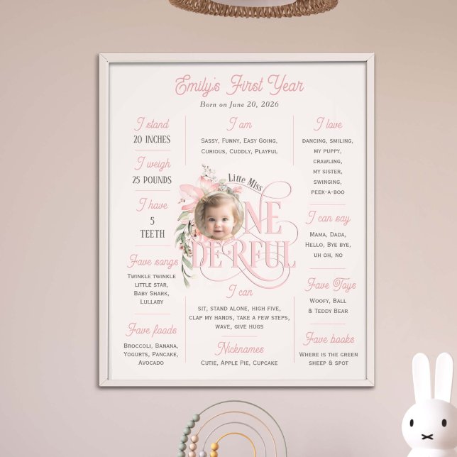 Foto Primer cumpleaños de color rosa Elegante Maravillo (Little Miss Onederful, Baby Girl 1st Birthday MIlestone poster. Birthday keepsake, nursery decor.)