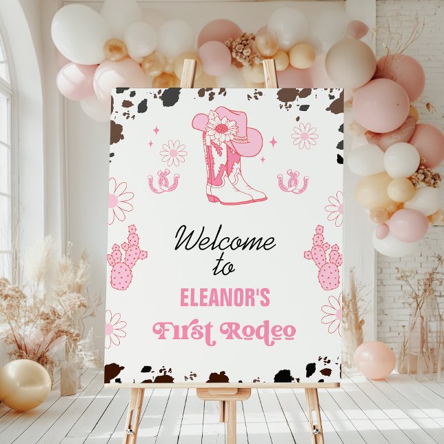 Foto Primer Rodeo Rosado Caliente Primer Signo de Bienv (Girls Hot Pink First Rodeo 1st Birthday Welcome Sign, Cowgirl 1st Rodeo Birthday Party Welcome Sign)