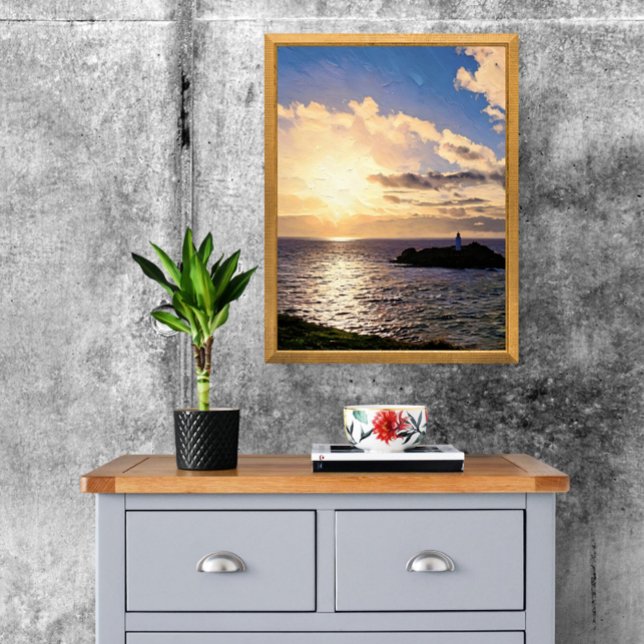 Foto Puesta de sol dramática sobre el faro de Godrevy,  (Your home deserves this view! Iconic Godrevy Lighthouse print. )