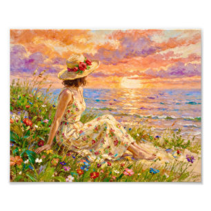 Foto Puesta de sol impresionista en la costa   Mujer en