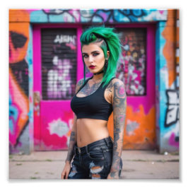 Foto Punk de tatuaje de pelo verde en calle Graffiti