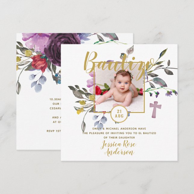 FOTO Púrpura Floral Bautizo Invitación Español (Anverso / Reverso)