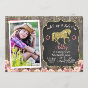 Foto Purpurina Floral Caballo Invitación al cumple