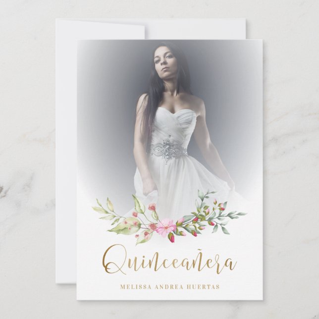 Foto Quinceañera Español Guirnalda Floral Rosa (Anverso)