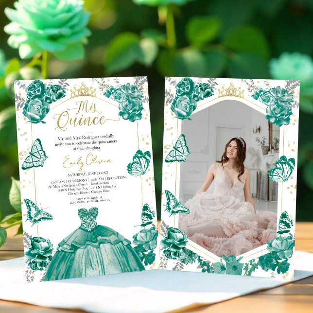 Foto Quinceanera Invitación Floral verde esmeralda (Subido por el creador)