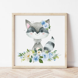 Foto Raccoon, Animales Woodland, Boho, Flores Azules