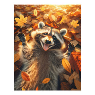 Foto Raccoon jugando en las hojas de otoño