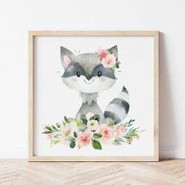 Foto Raccoon, Woodland Animals, Boho, Flores Rosa