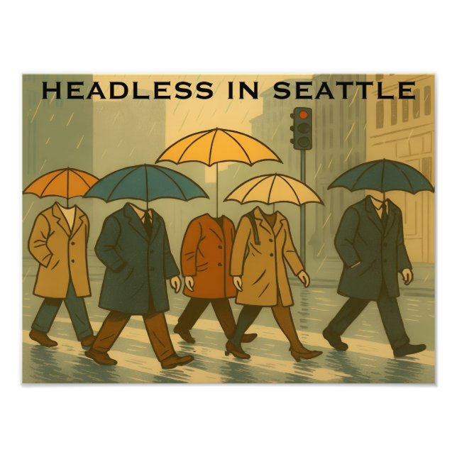 Foto Rainy City Walkers with Umbrella Heads Seattle Art (Frente)