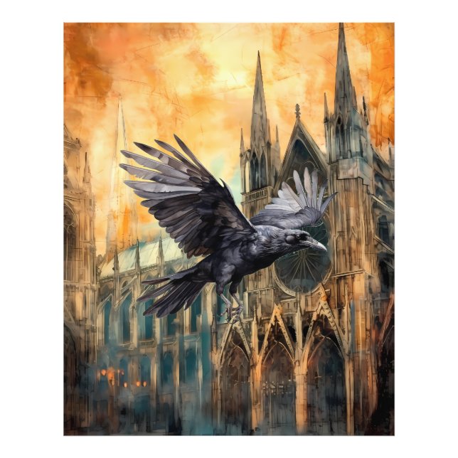 Foto Raven volador y catedral gótica medieval (Frente)