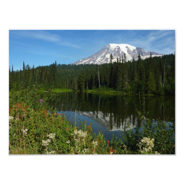 Foto Reflejo del lago del Monte Rainier con flores silv (Frente)