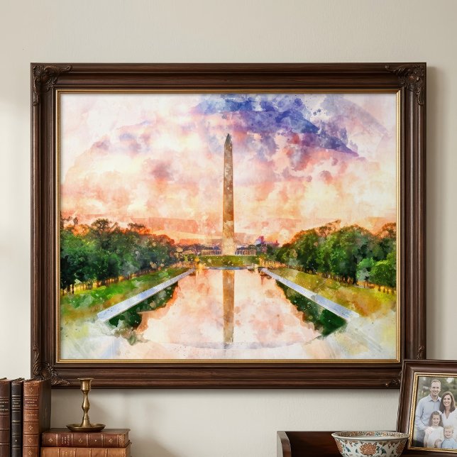 Foto Reflejo del Monumento a Washington en Puesta de So (Washington Monument Watercolor Sunset Reflection. Photo Print)