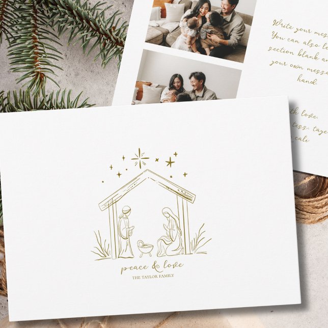 Foto religiosa de Navidad moderna de la Natividad  (modern elegant peace gold personalized custom family photo Christmas Nativity holiday card -2 photos)