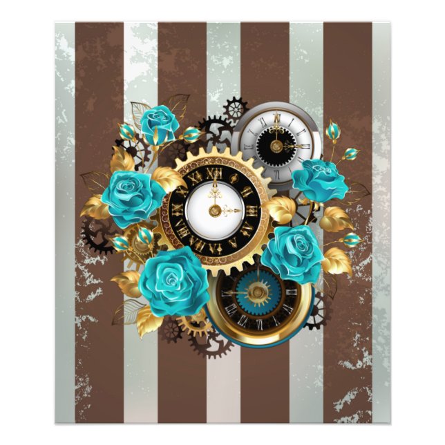 Foto Reloj de vapor y Rosas turquesa a rayas (Frente)