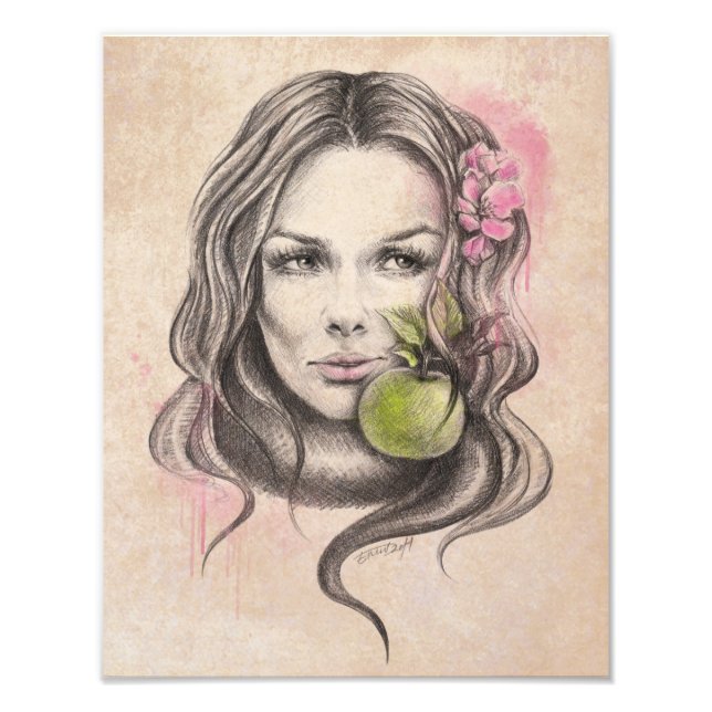 Foto Retrato de mujer con manzana y flor Arte surrealis (Frente)