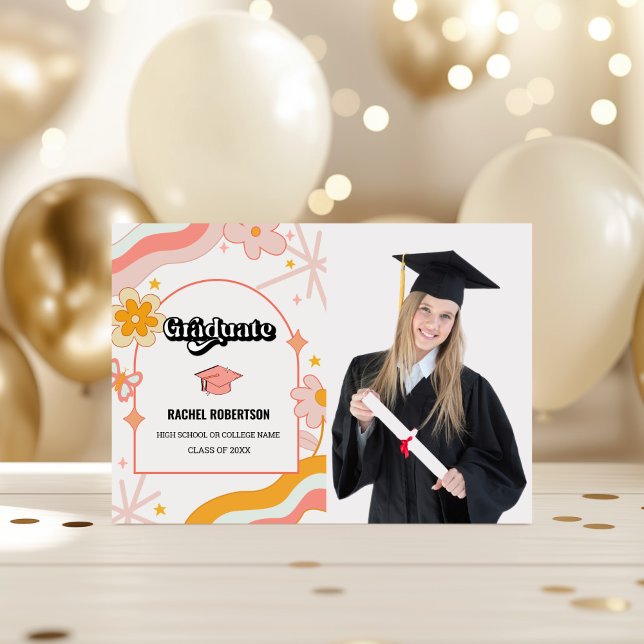 Foto Retro Groovy Hippie Graduado Tarjeta de Gradu (Retro Groovy Hippie Graduate Photo Graduation Announcement)