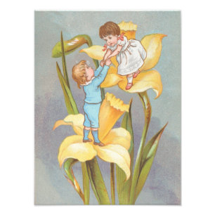 Foto Retro lindo dulce San Valentín, niños y narcisos