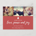 Foto roja amor paz y Navidades de alegría postales<br><div class="desc">Hermosa foto roja "amor, paz y alegría" Navidades saludando postal. Esta tarjeta presenta un diseño fotográfico rojo profundo con tipografía blanca y el mensaje "Deseando a todos el amor, la paz y la alegría en esta temporada navideña". Todo el texto es totalmente personalizable y se puede cambiar a su gusto....</div>