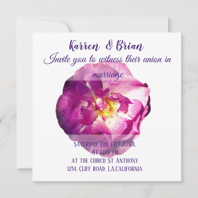 Foto rosa rosada, elegante invitación a la boda (Anverso)
