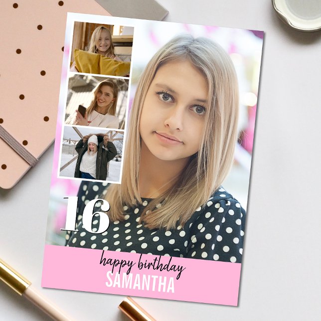 Foto rosa simple | Tarjeta de felicitación por cum (Personalize the collage birthday greeting card to create a special keepsake for your loved one!)