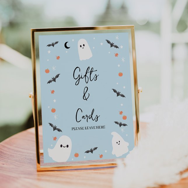 Foto Rótulo de Baby Shower de Halloween azul moderno (Blue Halloween baby Shower Sign, Halloween Boys Baby Shower Table Top Sign, Ghosts Little Boo Theme )