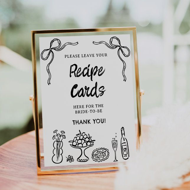 Foto Rótulo de receta de ducha de novia dibujado en neg (Black Hand Drawn Whimsical Bridal Shower Sign, Bows Food Recipe Card Sign Bridal Shower Whimsical )
