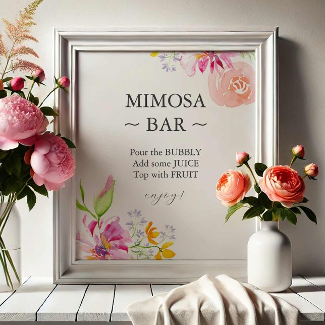 Foto Rótulo Mimosa Bar con flores silvestres coloridas (mimosa bar sign bridal shower ideas watercolor pink floral art Victoria Grigaliunas Do Tell A Belle)