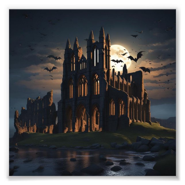 Foto Ruinas de la abadía Whitby de noche con murciélago (Frente)