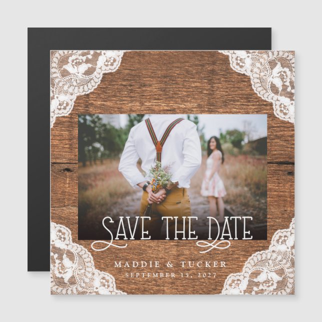 Foto Rustic Wood Lace Save the Date Magnet (Anverso/Reverso)