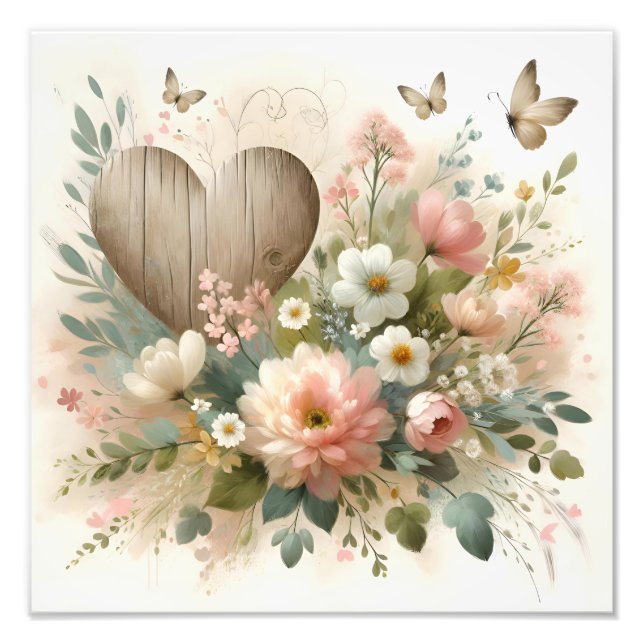 Foto Rustic Wooden Heart Floral Watercolor Botanical (Frente)