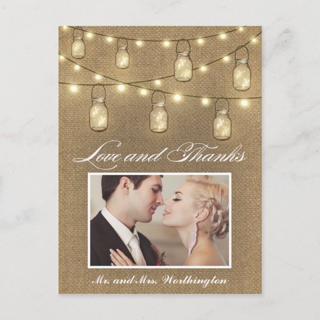 Foto Rústica Burlap Mason Jar Gracias Postales (Anverso)