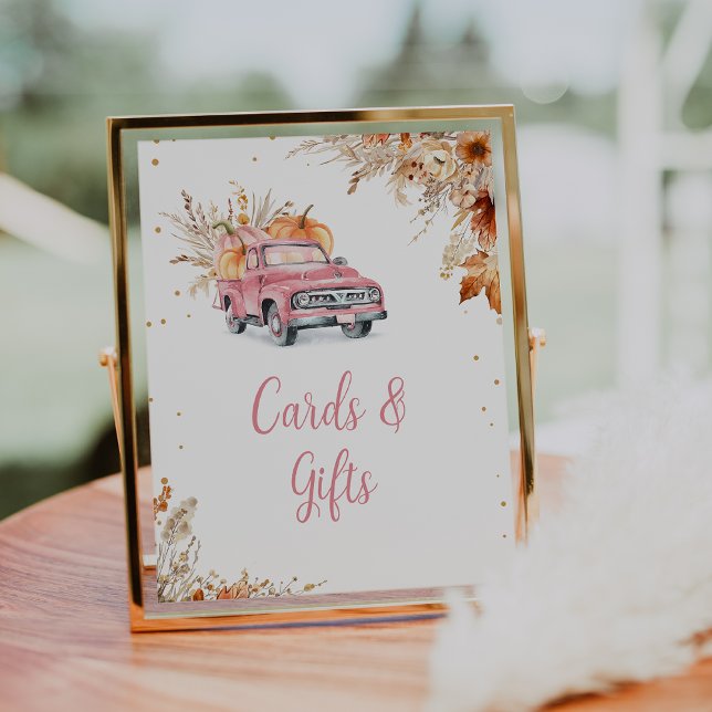Foto Rústico Rótulo de Baby Shower de Camión de Calabaz (Editable Girls Pumpkin Truck Baby Shower Sign Fall Harvest Pink Truck Baby Shower Gifts Cards Sign)