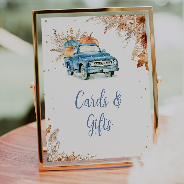 Foto Rústico Rótulo de Baby Shower del camión de calaba (Little Pumpkin Baby Shower Sign, Editable Blue Pumpkin Boys Truck Baby Shower Cards and Gifts Sign)