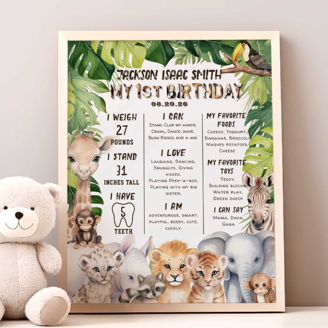 Foto Safari Animals Baby Boy primer hito (Safari Animals boy 1st birthday milestone poster.)