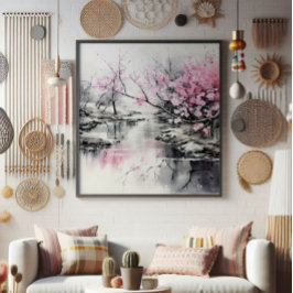 Foto Sakura en flor sobre pintura de tinta del río
