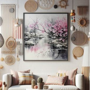 Foto Sakura en flor sobre pintura de tinta del río