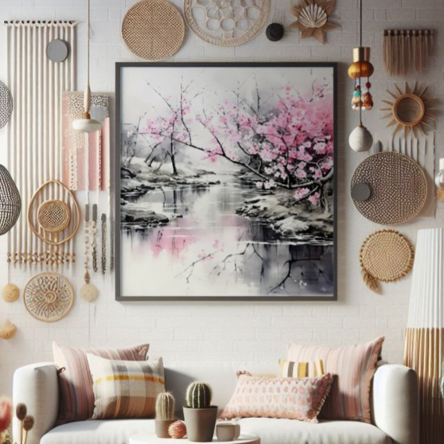 Foto Sakura en flor sobre pintura de tinta del río (Subido por el creador)