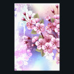 Foto Sakura rosa sobre fondo de pintura<br><div class="desc">Dibujado artísticamente,  rama de rosa,  flores de cerezo sobre fondo pintoresco,  texturizado,  pintado con pintura blanca,  rosa y azul. Pink Sakura</div>