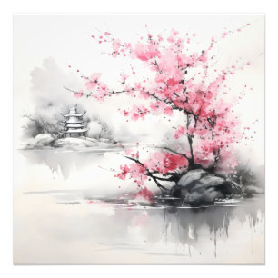 Foto Sakura sobre pintura de tinta del lago