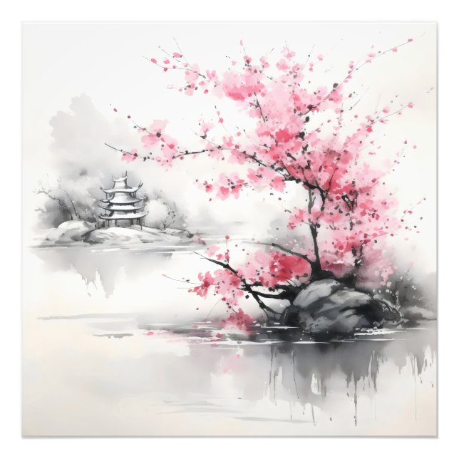 Foto Sakura sobre pintura de tinta del lago (Frente)