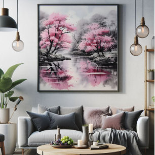 Foto Sakura sobre pintura de tinta del río