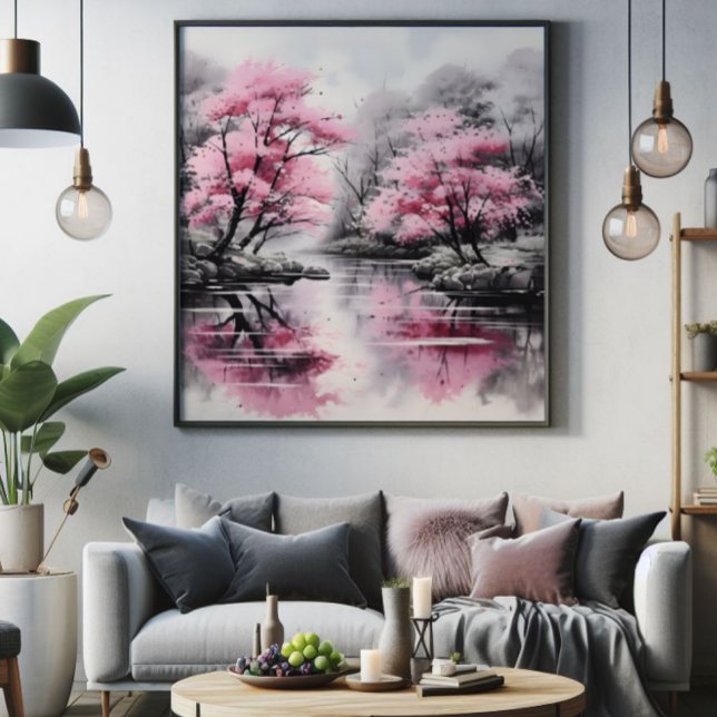 Foto Sakura sobre pintura de tinta del río (Subido por el creador)