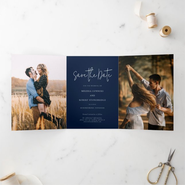 Foto Script Navy Blue Wedding Guardar la tarjeta d (Interior)