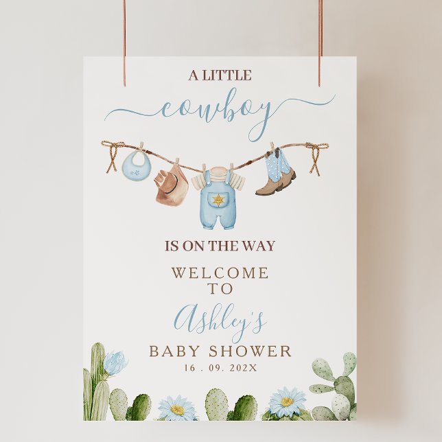 Foto Señal de bienvenida Baby Shower de Brown Blue Coth (Cowboy Baby Shower Welcomes Sign, Little Cowboy Bab Shower Welcome Sign with Cactus, Clothesline)
