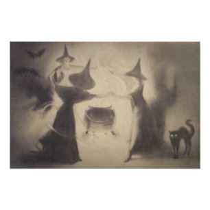 Foto Sepia Witch Bat Night Cauldron Black Cat